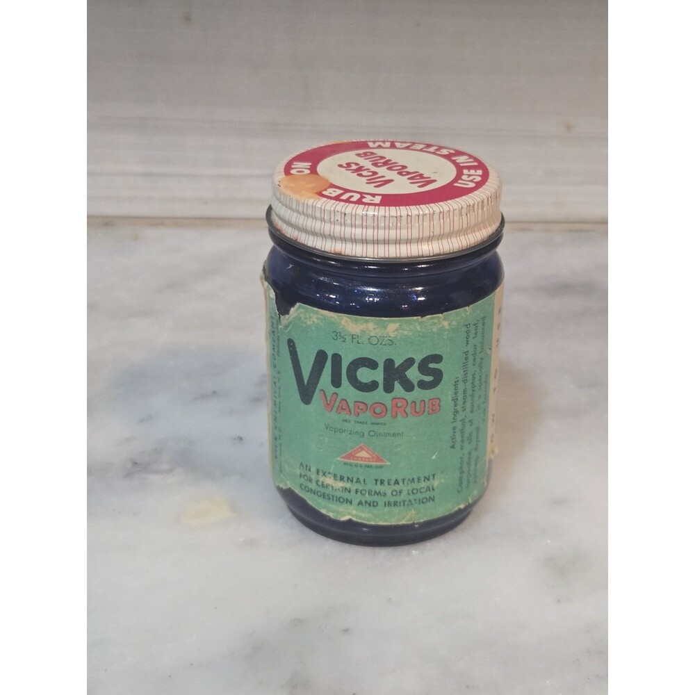 Antique Vicks VapoRub Cobalt Blue Glass Jar 3.5 oz Paper Label Original Lid...